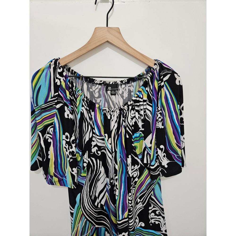 AB Studio Women Psychedelic Swirl Scroll Print Flutter Sleeve Mini Dress XL - Picture 3 of 6